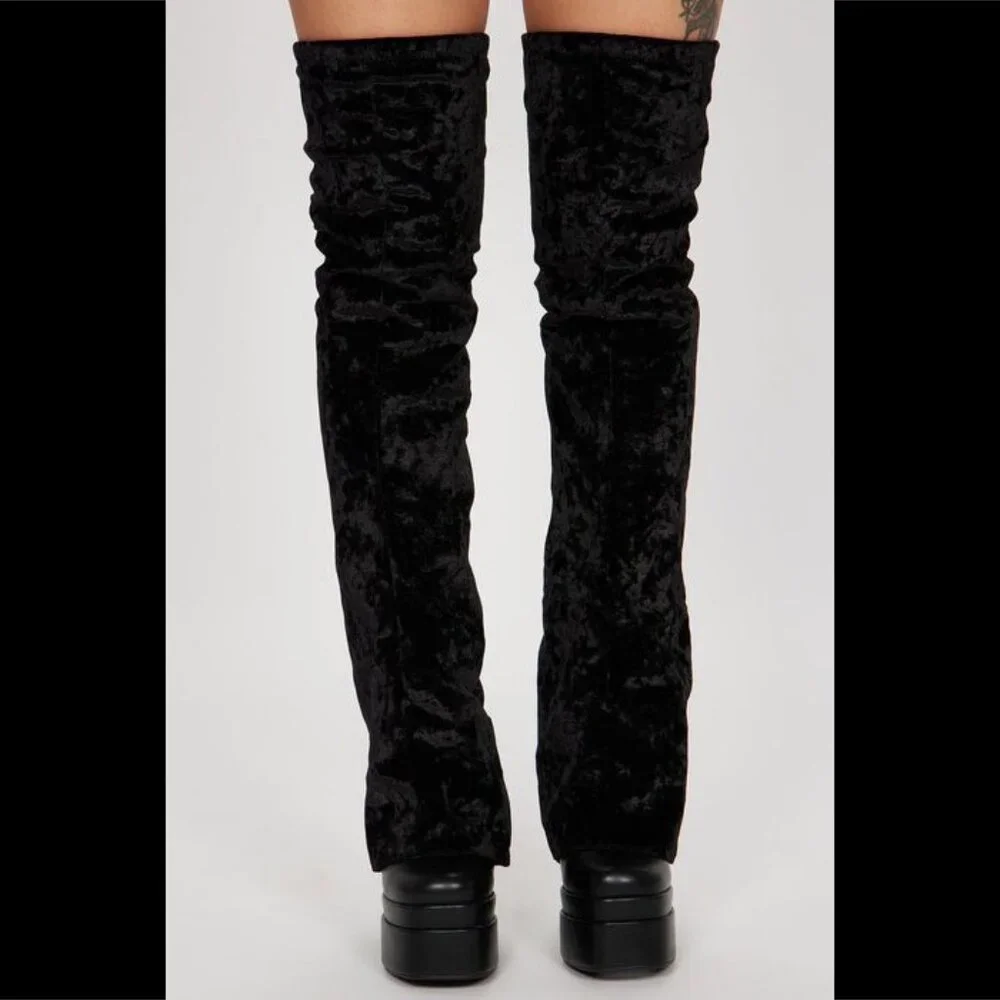 Mata Shoes Black Crushed Velvet Over-The-Knee Platform Boots